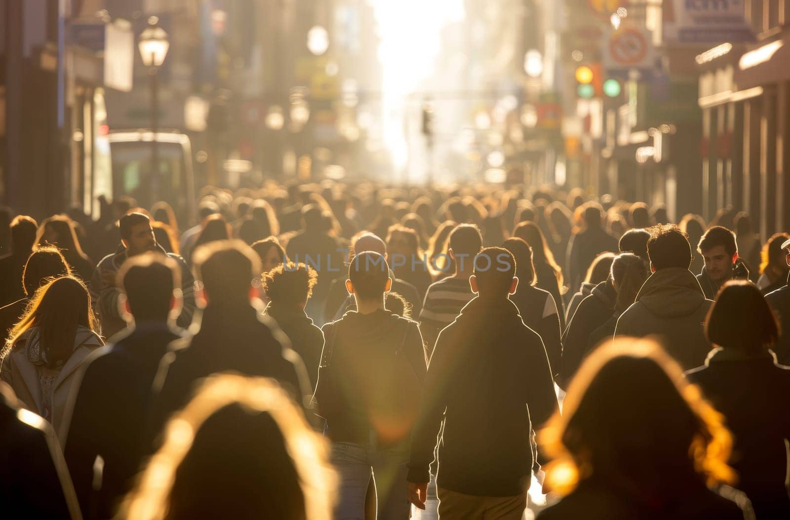 A busy city street with a man wearing a backpack walking down the sidewalk by AI generated image.