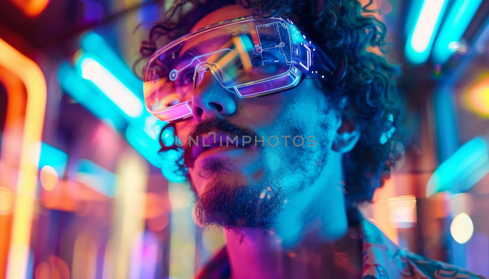 A man wearing glasses and a beard stands in front of a neon sign. The image has a futuristic and vibrant feel to it, with the neon sign adding to the overall atmosphere. The man's facial expression