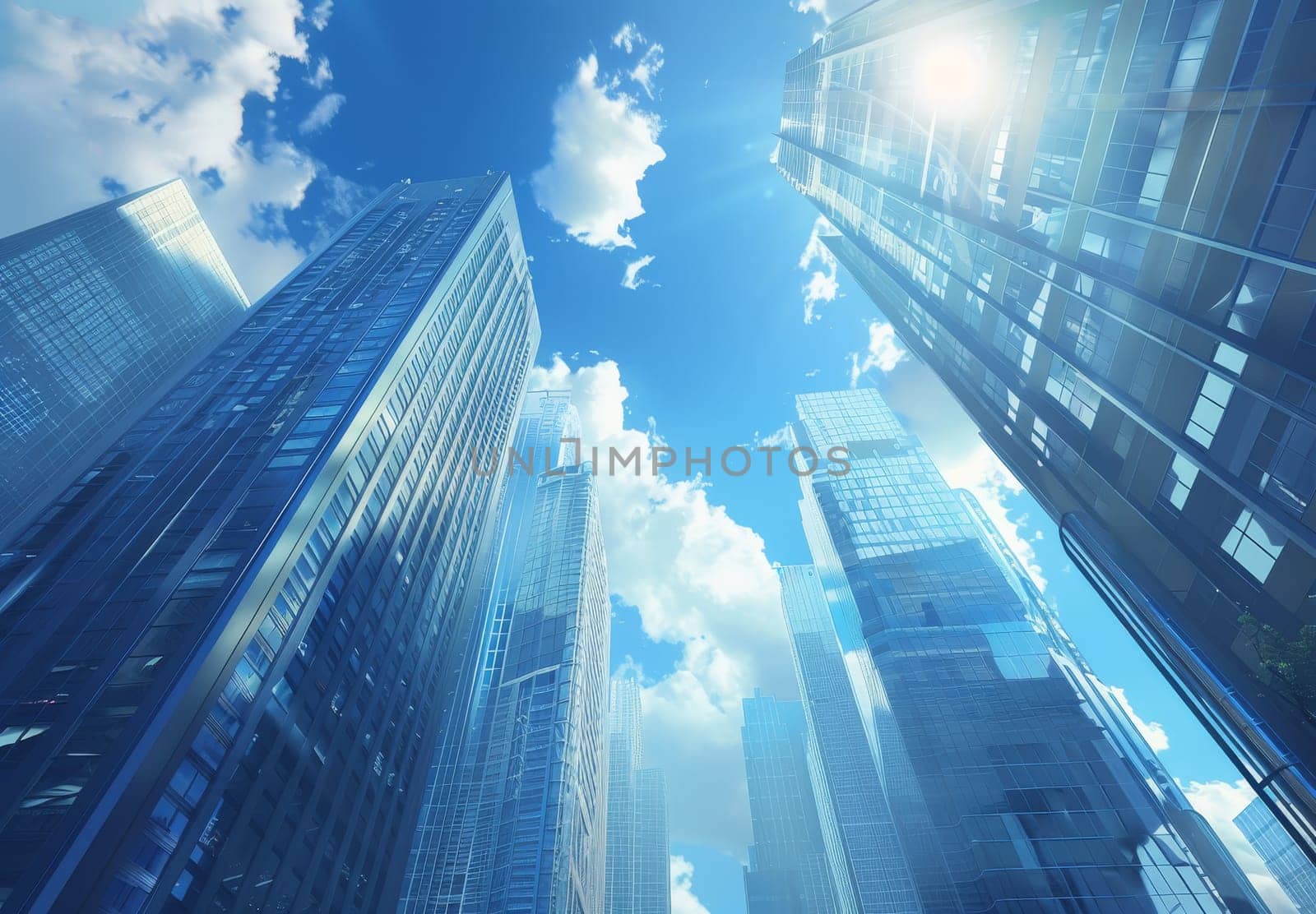 A city skyline with a clear blue sky and clouds by AI generated image.