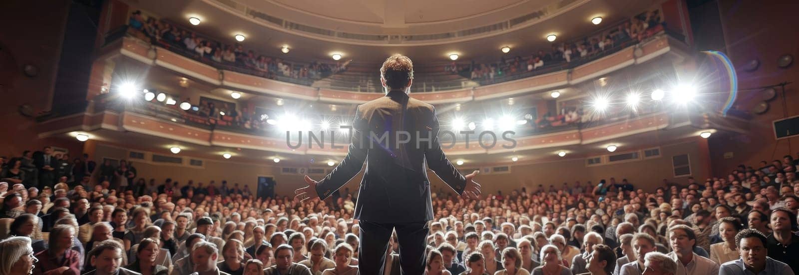 A man stands on a stage in front of a large audience by AI generated image.