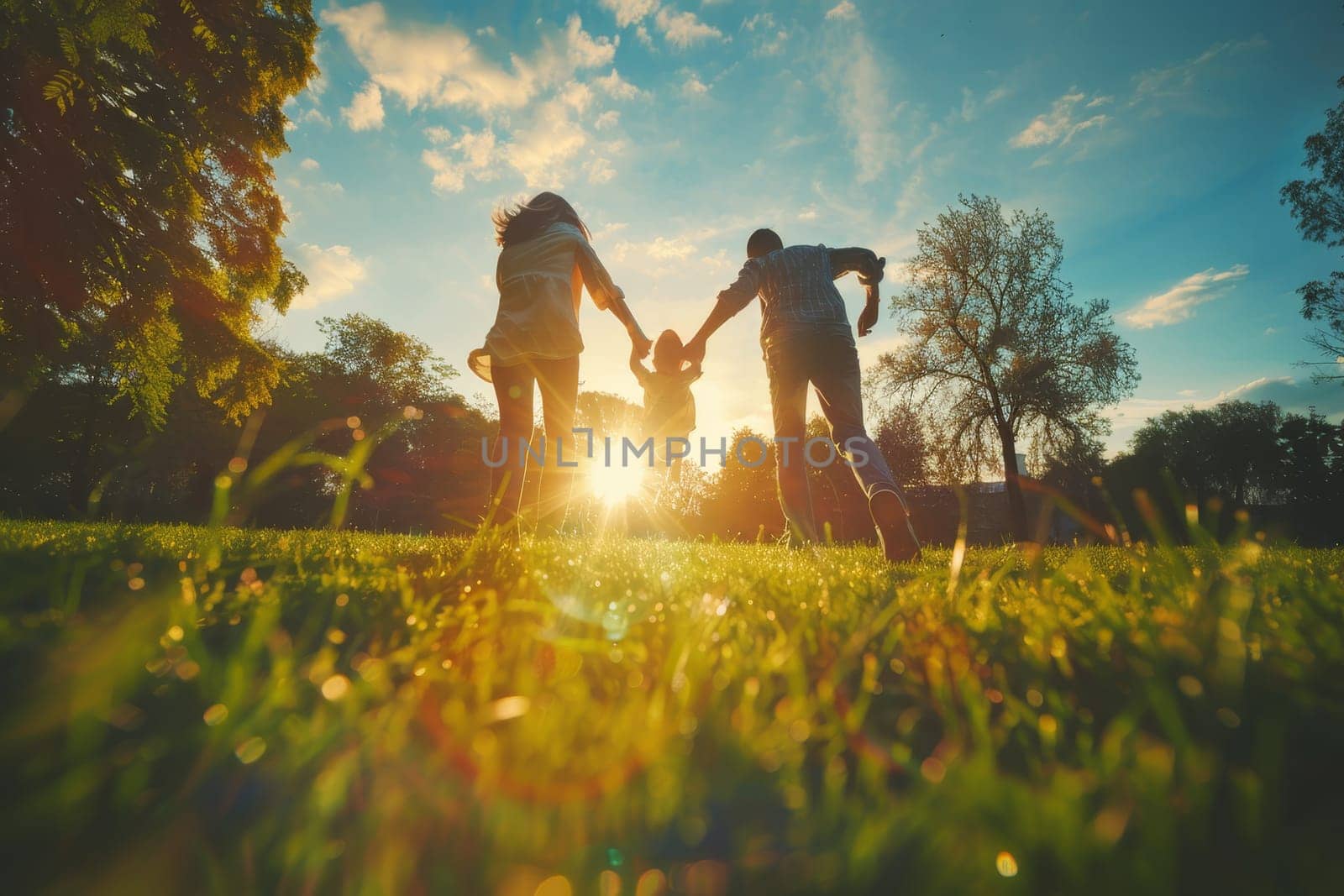 A family of four is playing in a park, with the sun shining brightly on them by AI generated image.