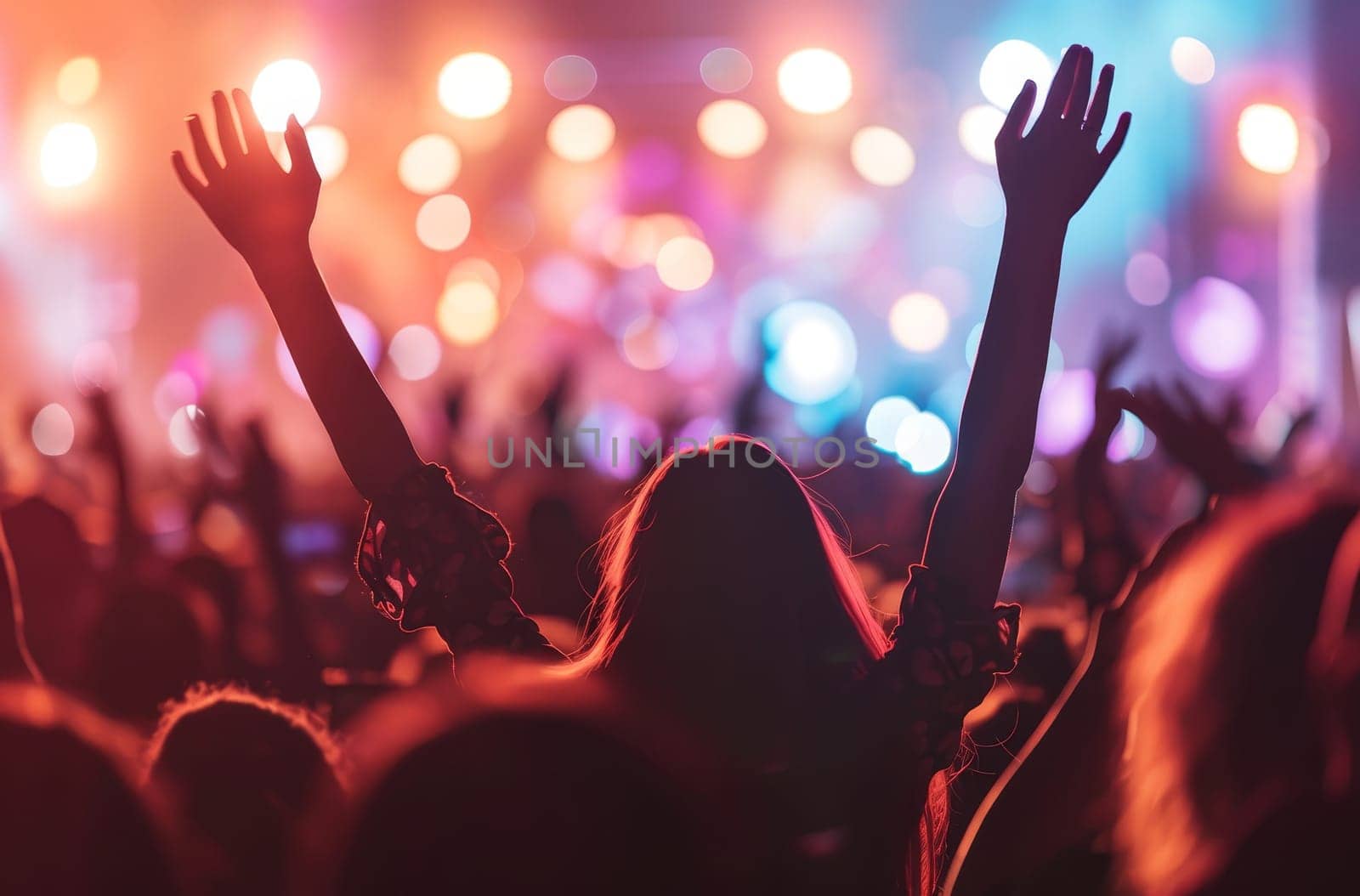 A woman is holding her hand up in the air at a concert by AI generated image.