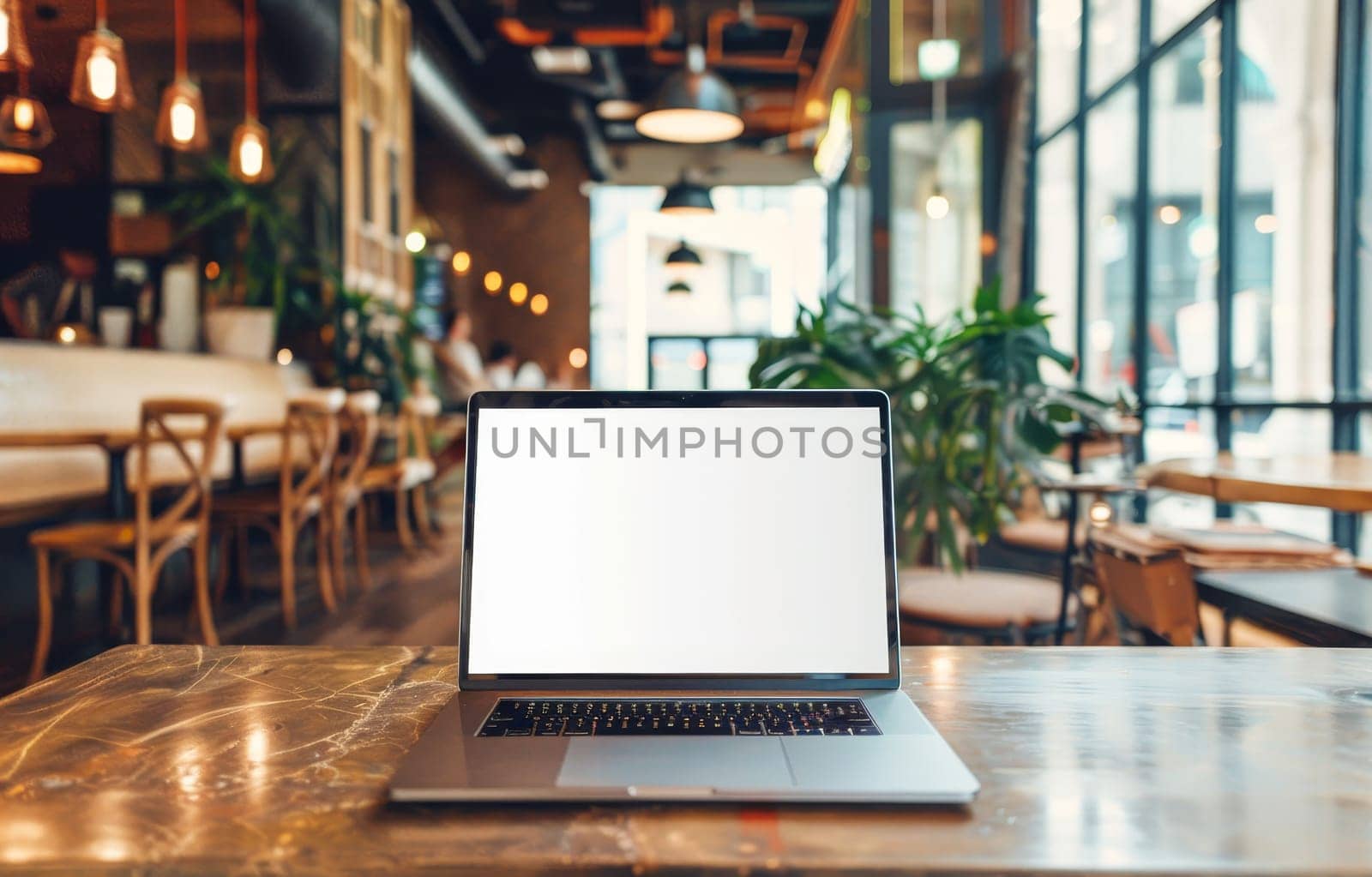 A laptop is open on a table in a restaurant by AI generated image by wichayada