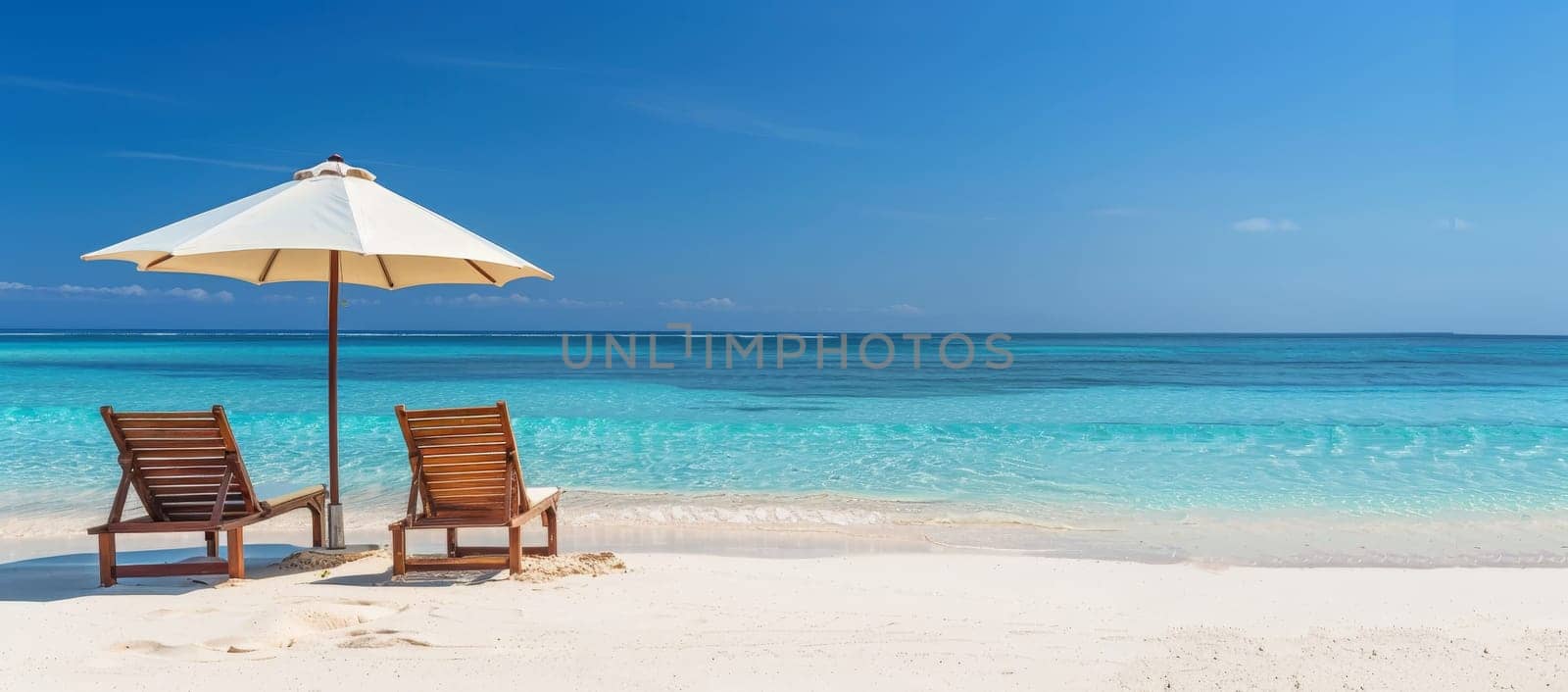 Two beach chairs are set up on the beach under an umbrella by AI generated image by wichayada