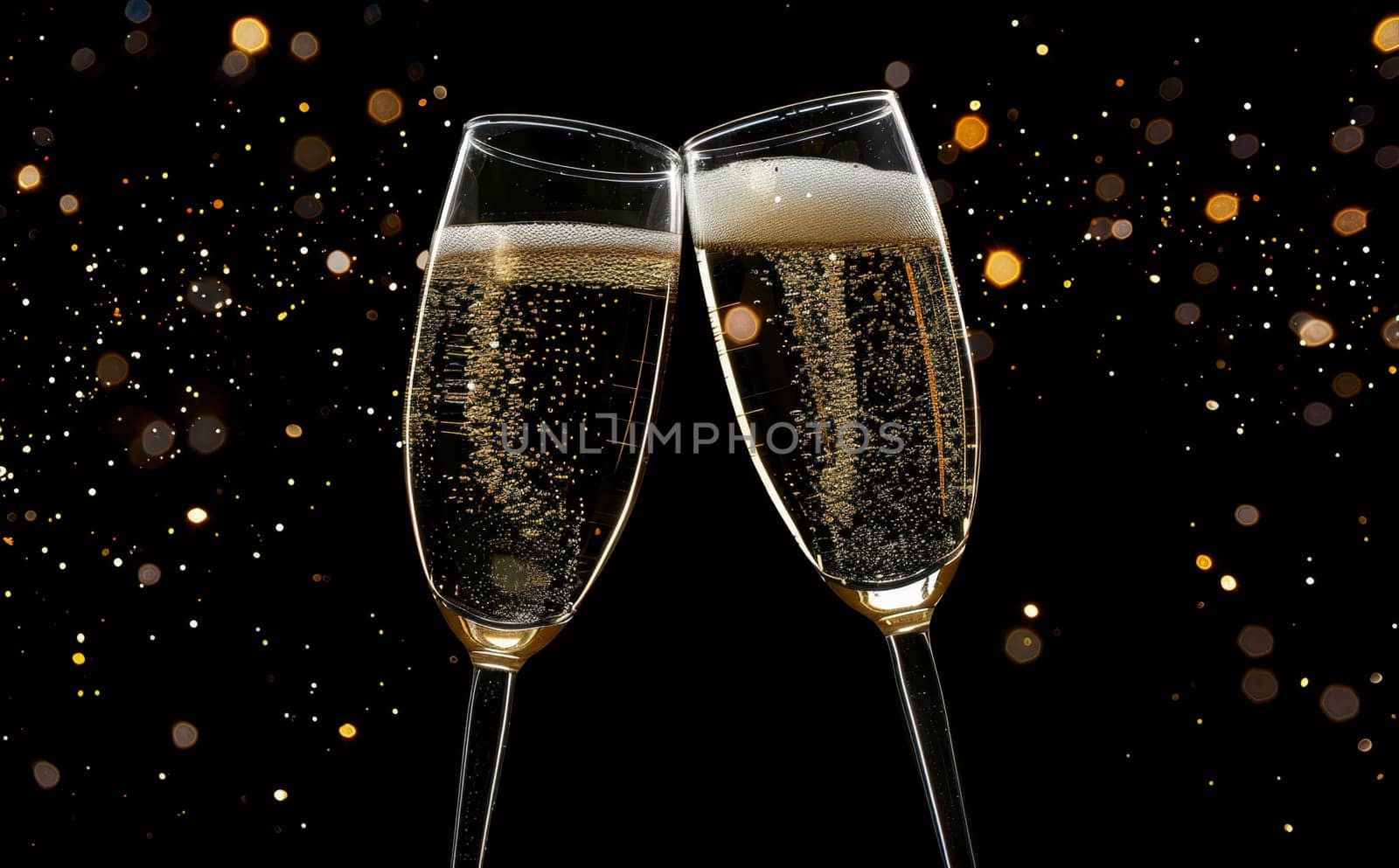 Two champagne glasses are raised in a toast, with bubbles by AI generated image by wichayada