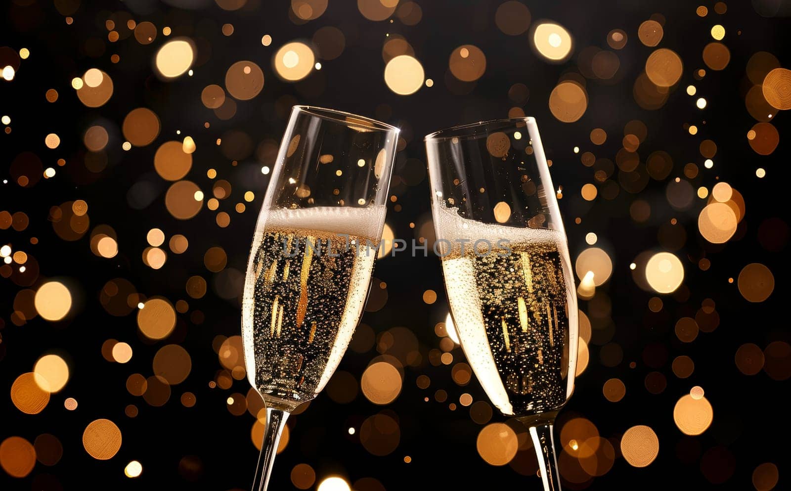 Two champagne glasses are raised in a toast, with bubbles by AI generated image.