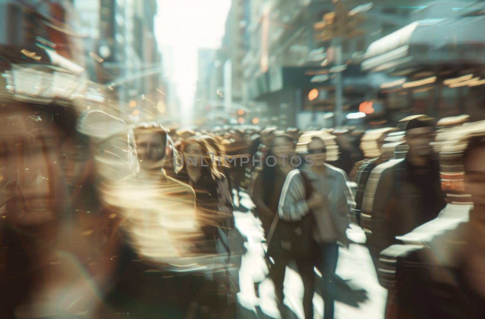 A busy city street with people walking and talking by AI generated image by wichayada