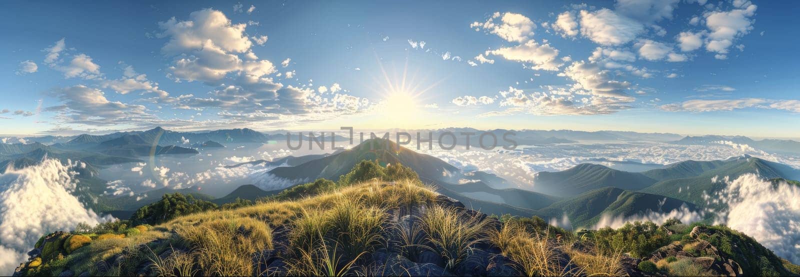 A mountain range with a sun shining on it by AI generated image.