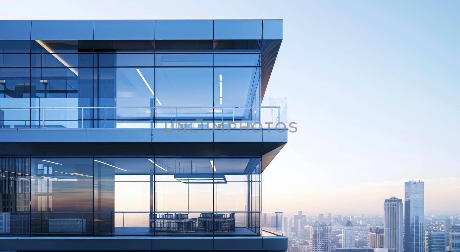 A city skyline with a large glass building in the middle by AI generated image by wichayada