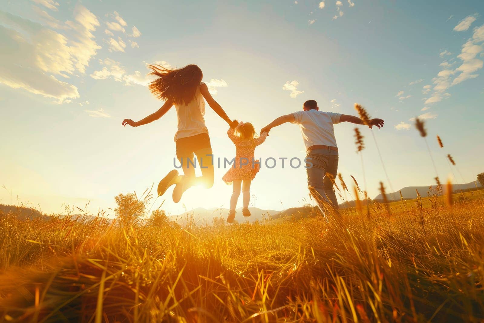 A family of three, a man, a woman and a child, are jumping in the grass by AI generated image by wichayada