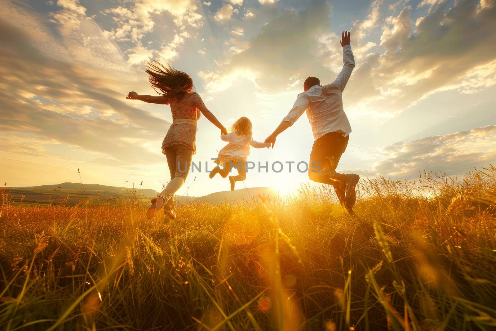 A family of three, a man, a woman and a child, are jumping in the grass by AI generated image.