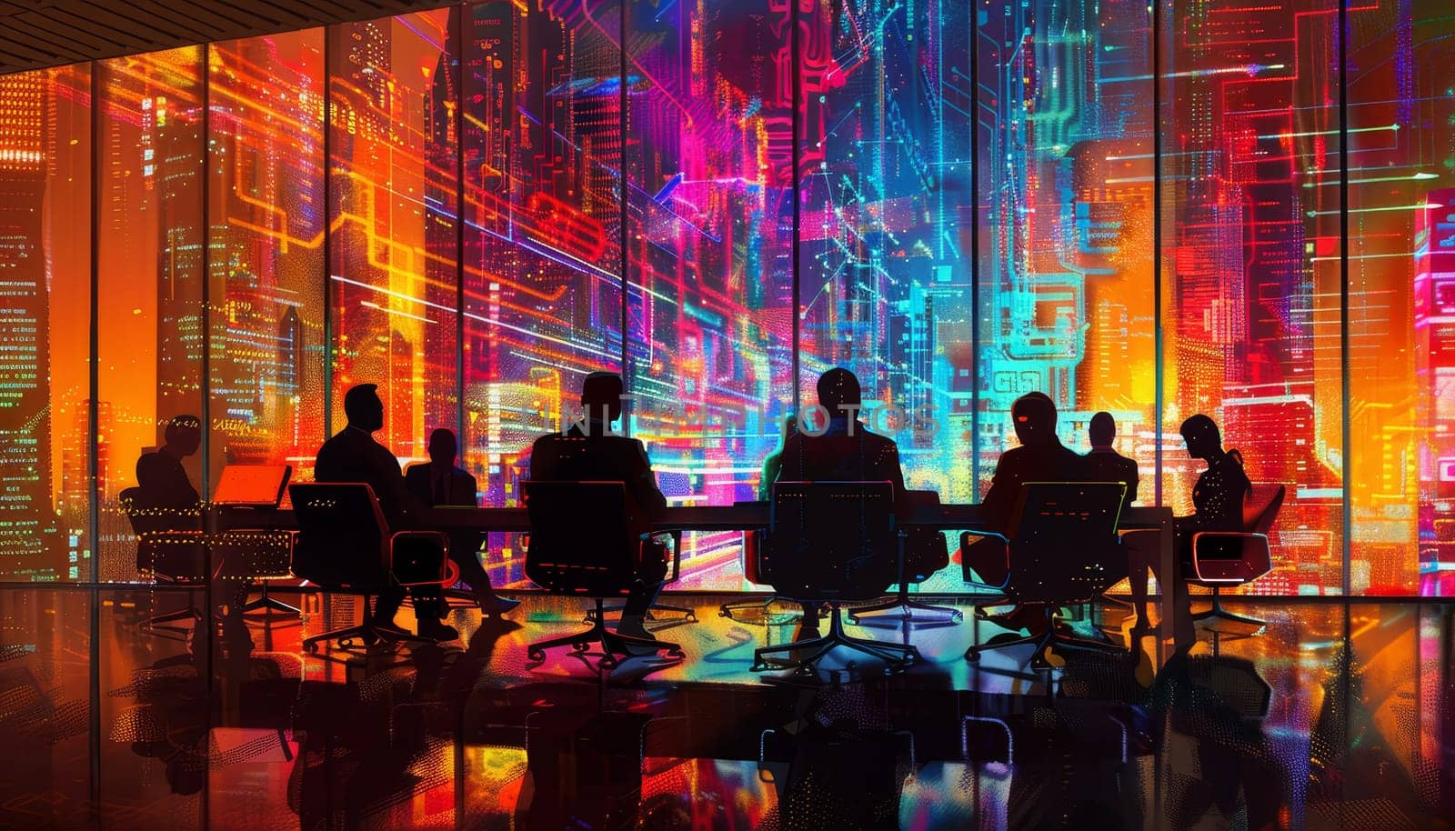 A group of people are sitting at a table in a room with a city view by AI generated image by wichayada