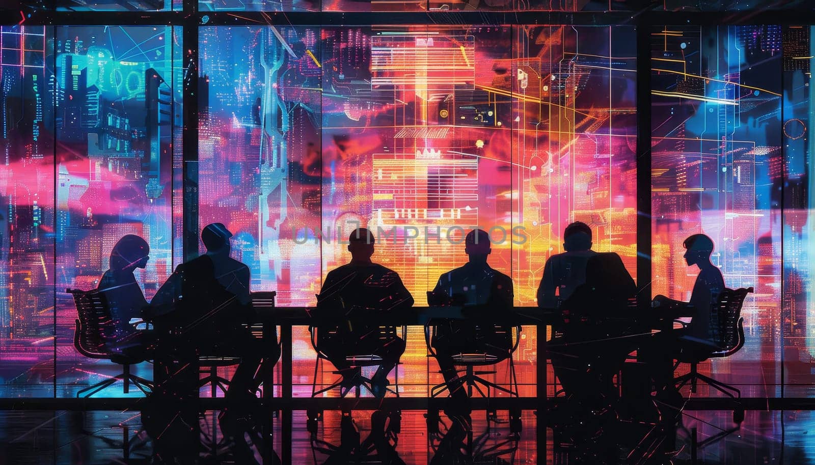 A group of people are sitting at a table in a room with a neon sign in the background. Scene is futuristic and high-tech