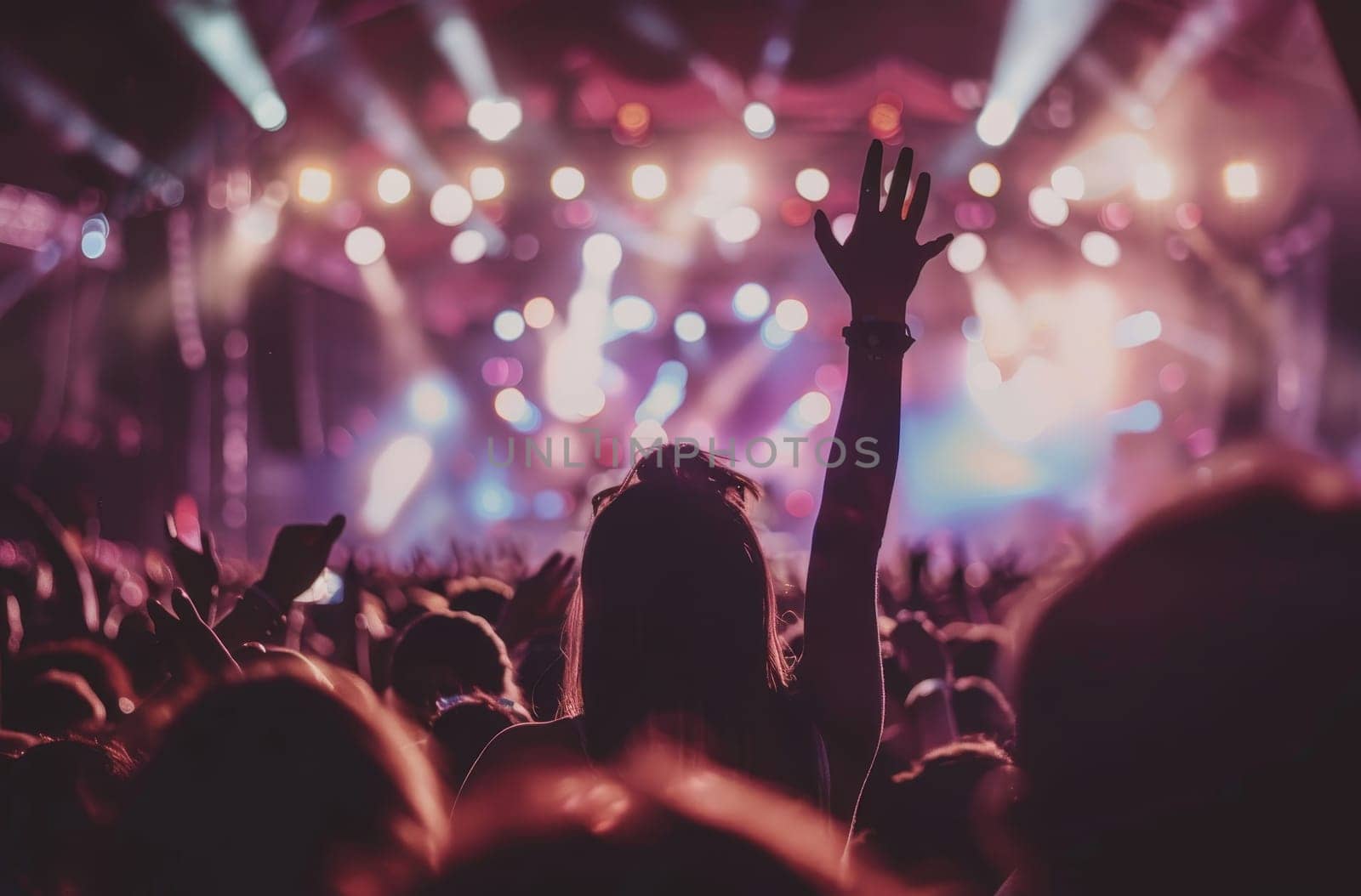 A woman is holding her hand up in the air at a concert by AI generated image.