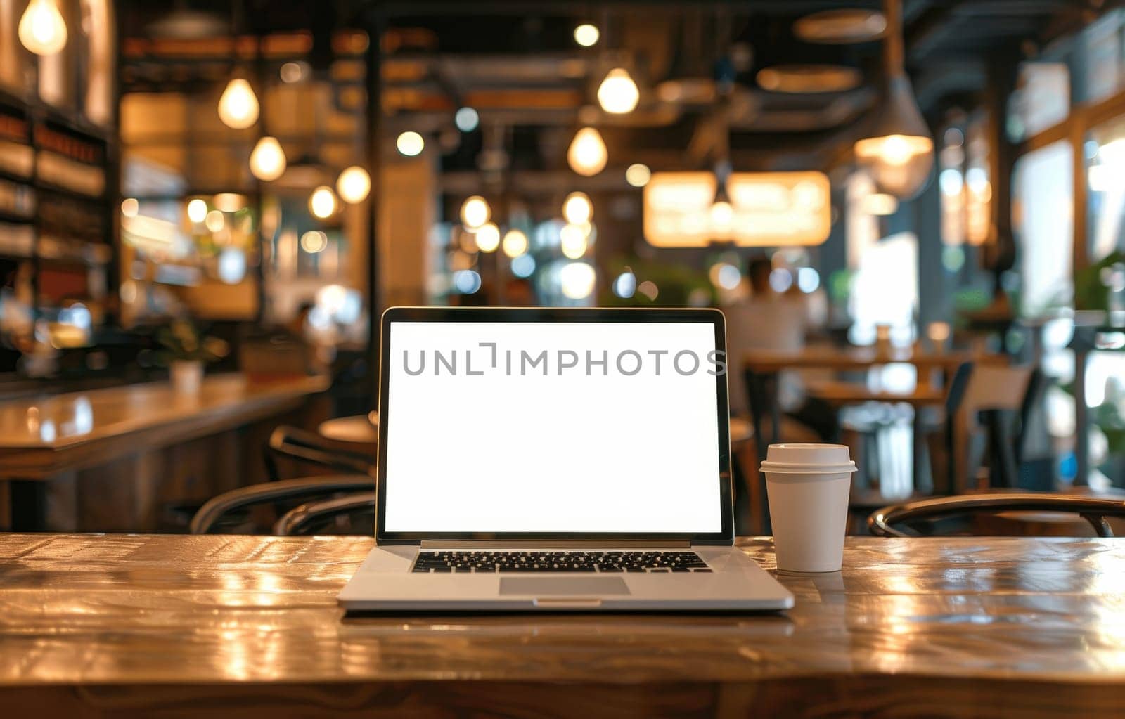 A laptop is open on a wooden table in a restaurant by AI generated image.