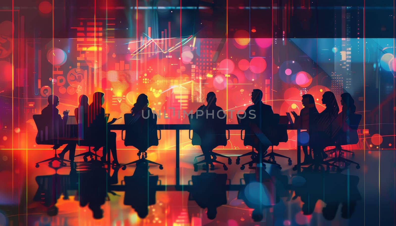 A group of people are sitting at a table in a room with a city view by AI generated image by wichayada