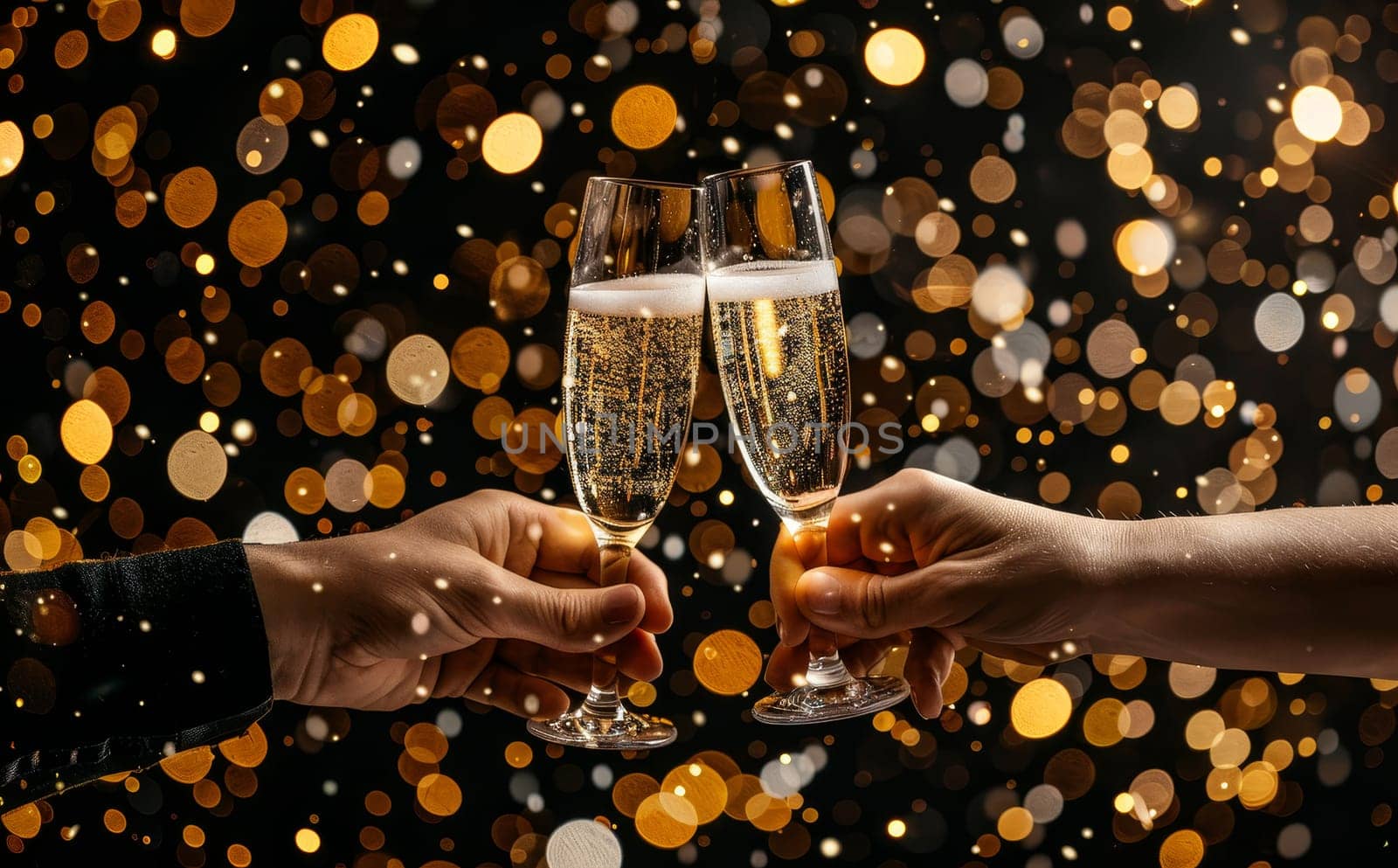 Two people are holding up champagne glasses to celebrate a special occasion by AI generated image.