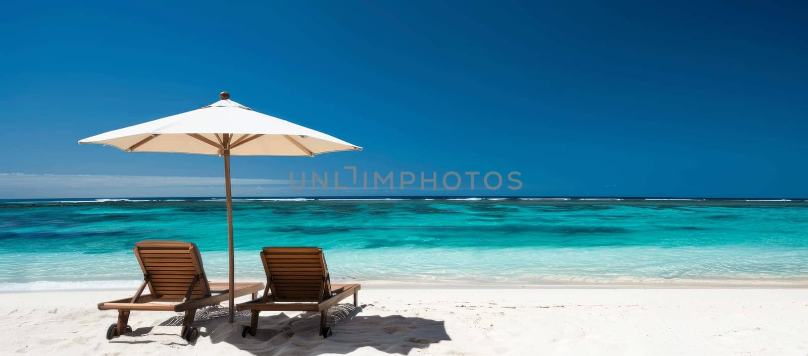 Two beach chairs are set up on the beach under an umbrella by AI generated image.