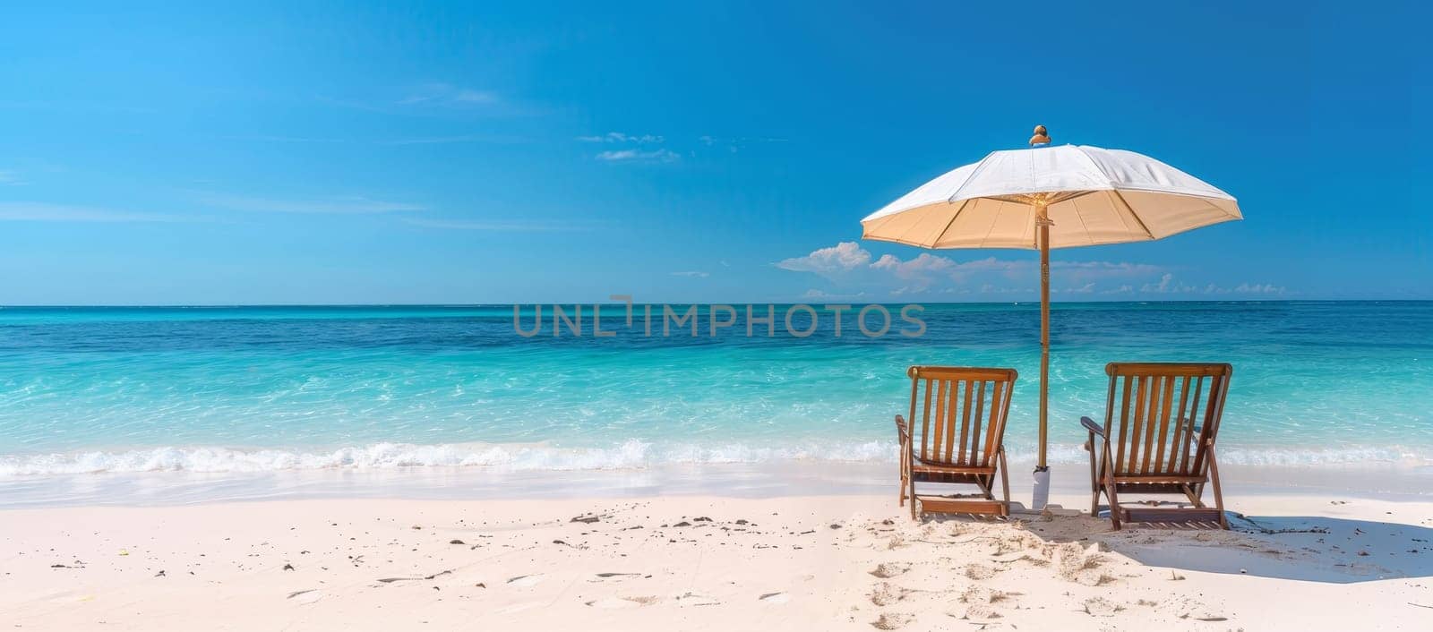 Two beach chairs are set up on the beach under an umbrella by AI generated image.