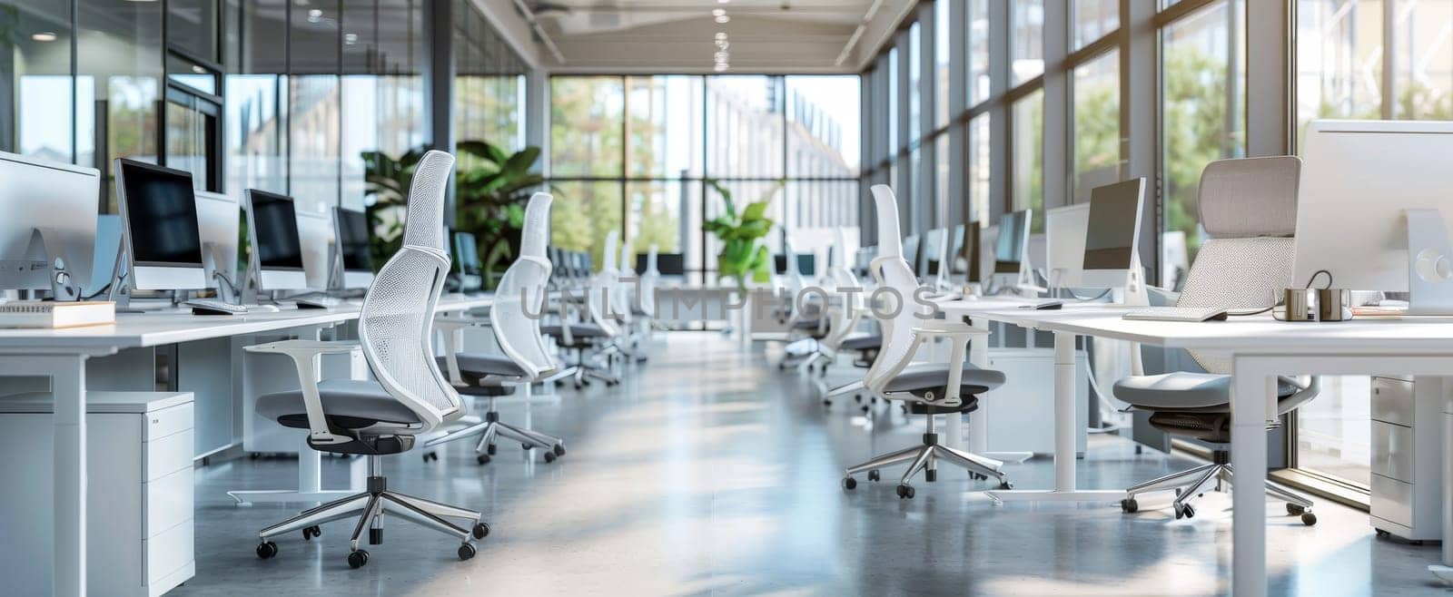 A large open office space with many white chairs and desks by AI generated image.