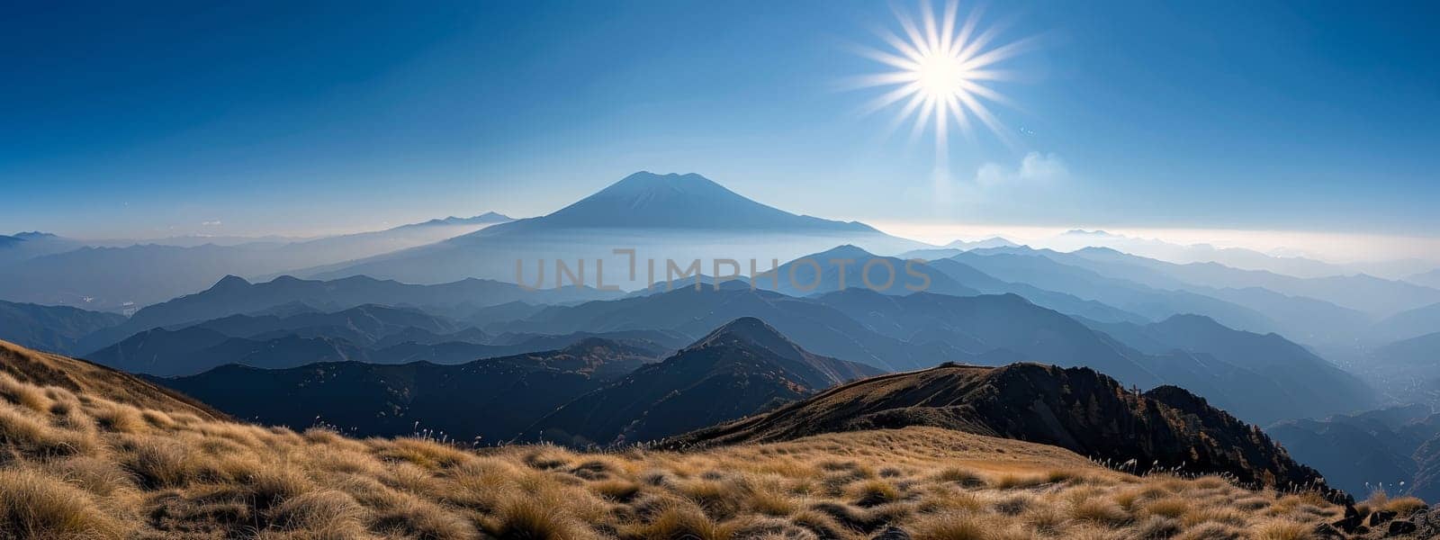 A mountain range with a sun shining on it by AI generated image by wichayada