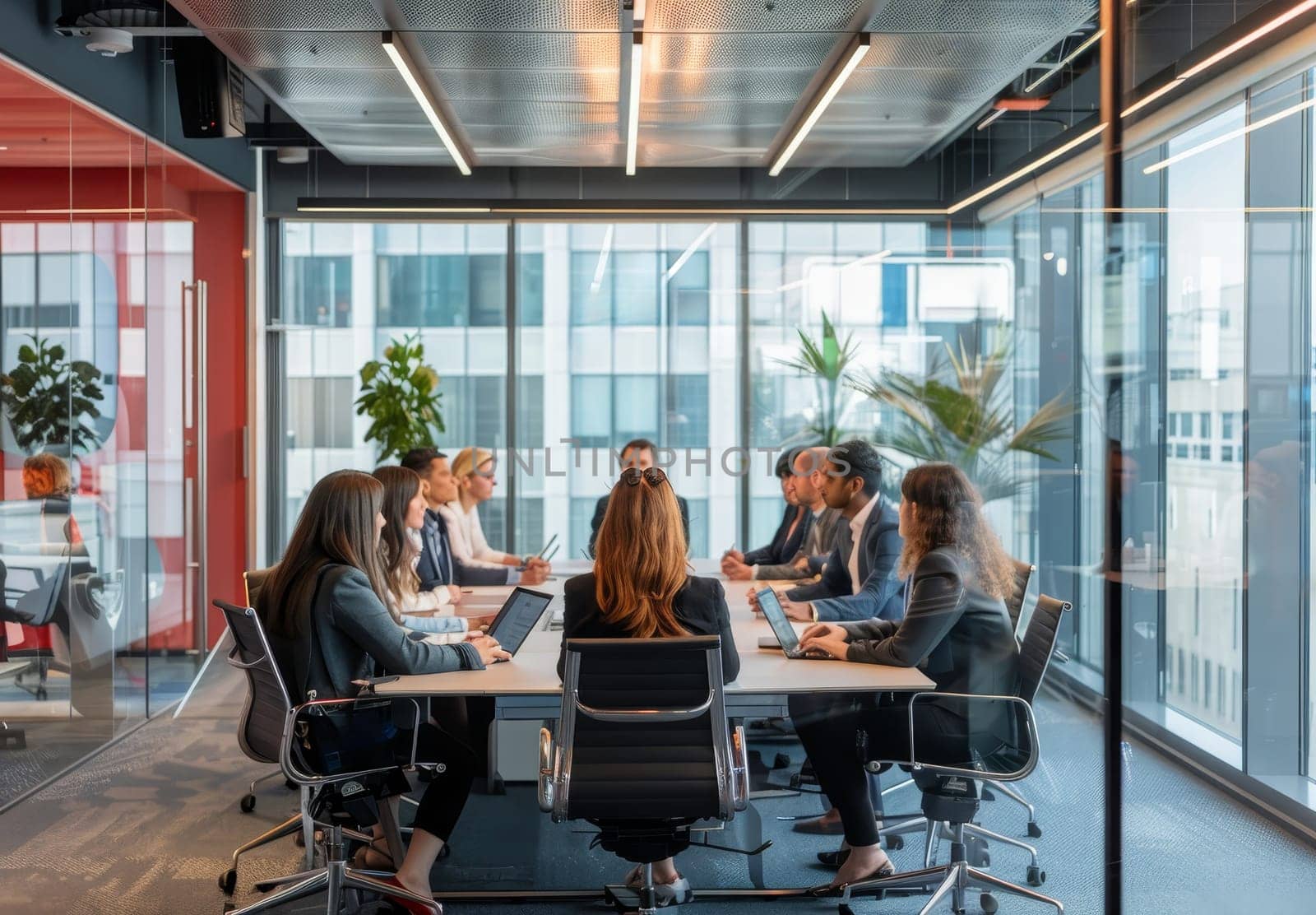 A group of people are sitting around a table in a conference room by AI generated image.