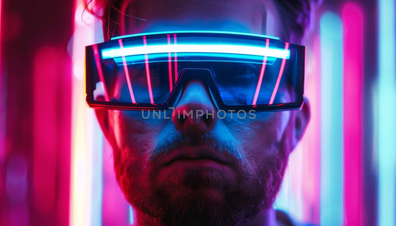 A man wearing neon colored glasses is staring at the camera. The image has a futuristic and vibrant feel to it, with the neon lights and the man's glasses adding to the overall atmosphere