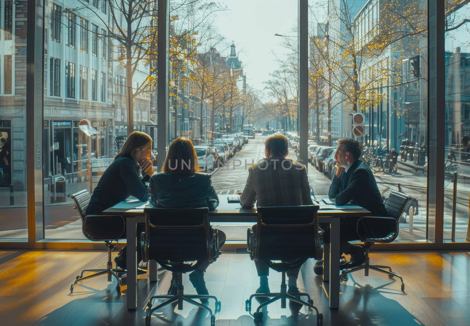 A group of people are sitting around a table in a conference room by AI generated image.