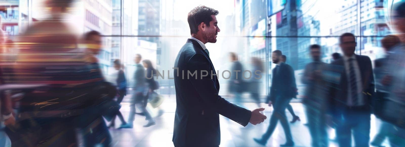 A man in a suit is walking through a busy city street by AI generated image.