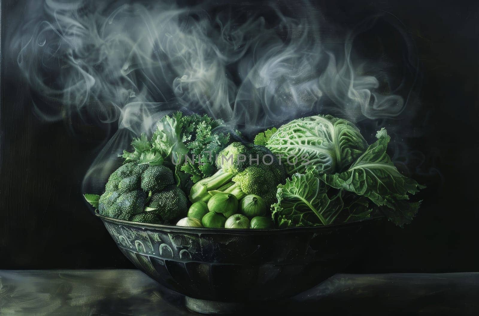 A bowl of vegetables is sitting on a table with steam rising from it by AI generated image.