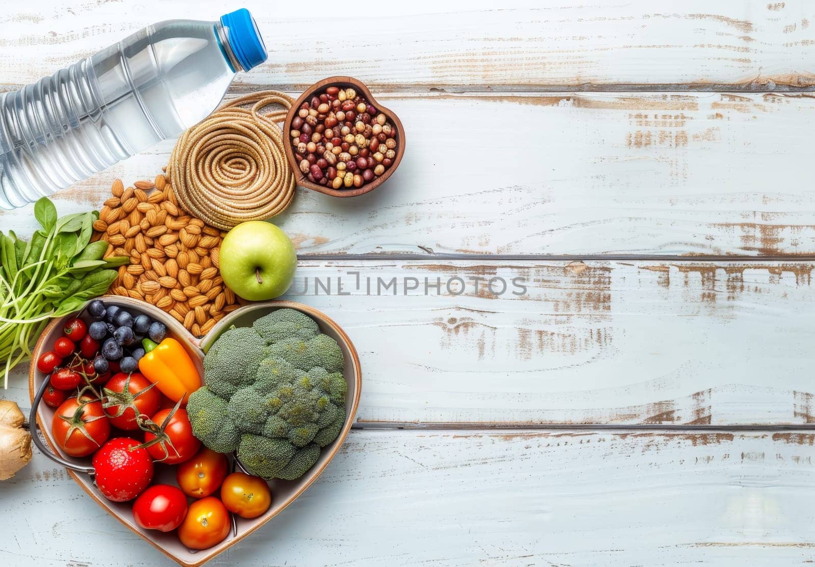 A heart-shaped bowl of vegetables and fruit sits on a wooden table by AI generated image.