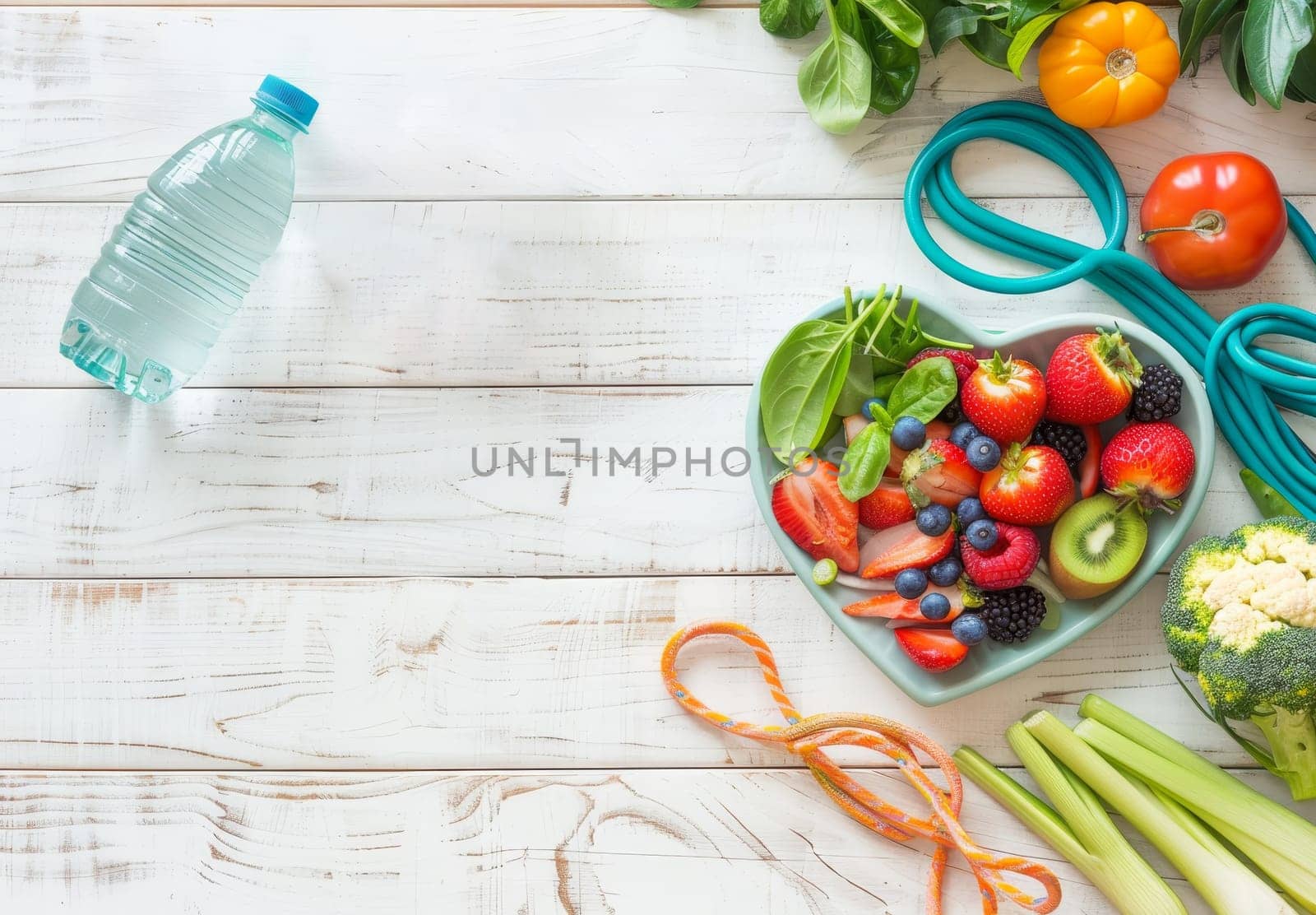 A heart shaped plate of fruit and vegetables sits on a white background by AI generated image.