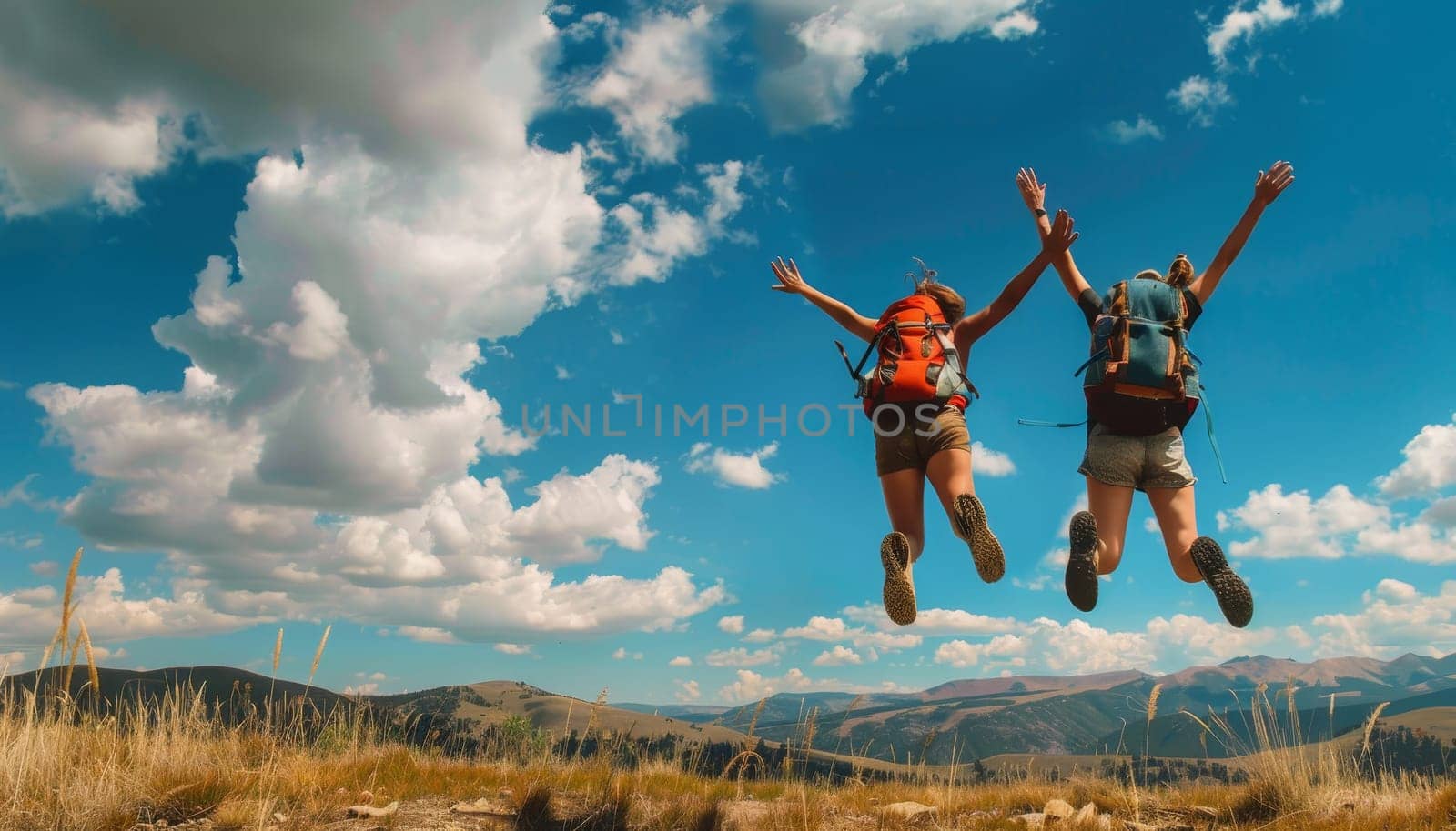 Two young people jumping for joy on top of a mountain. Concept of adventure and freedom by AI generated image.