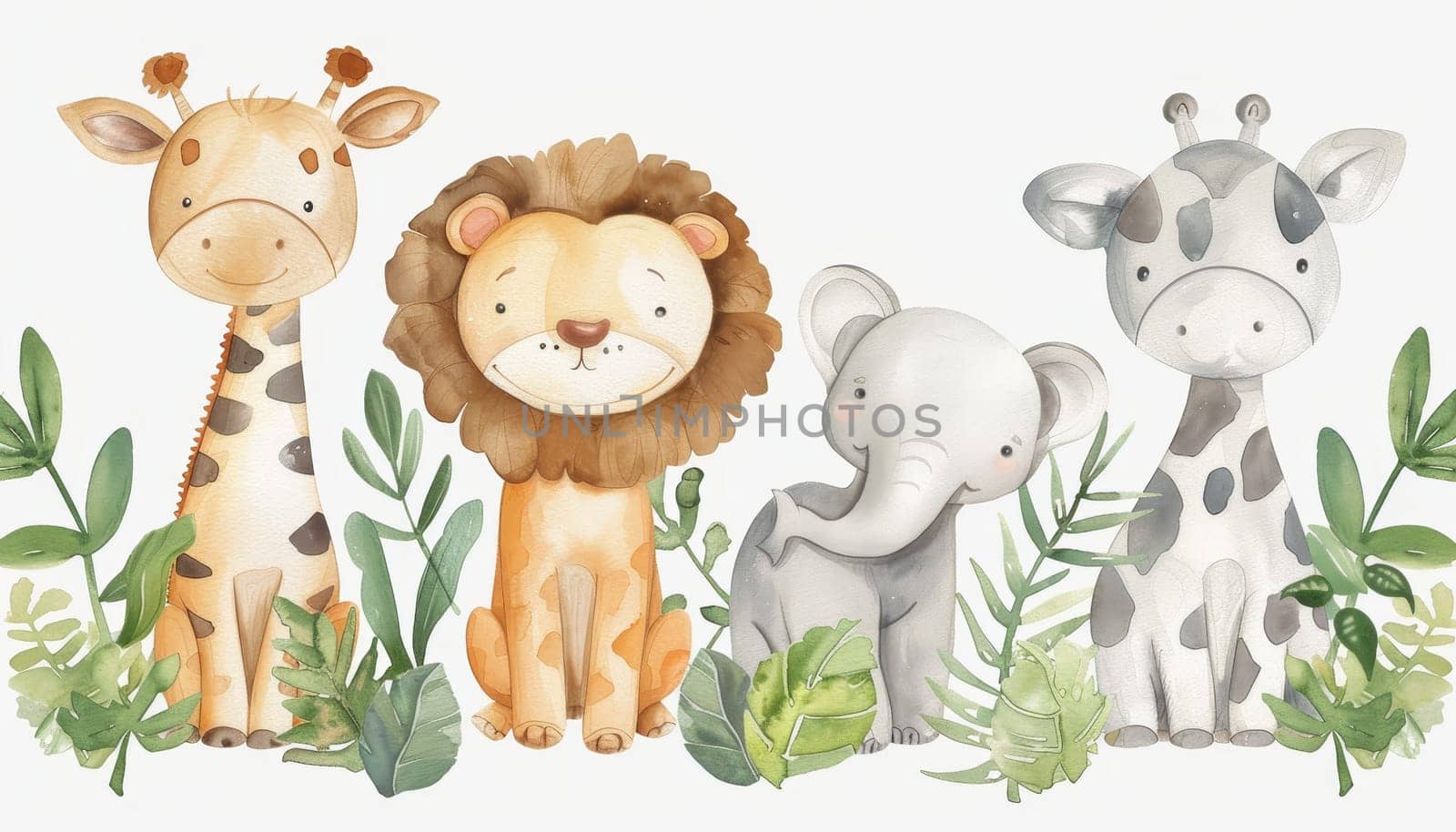 Watercolor cartoon of baby jungle animals in greenery. Concept of cute wildlife by AI generated image.