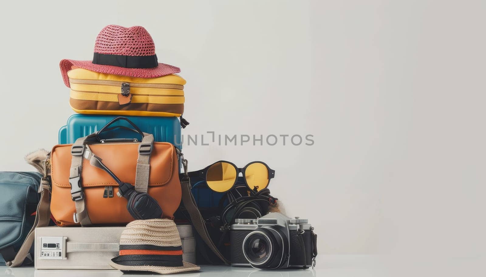 Stack of travel and vacation gear with hats and camera. Concept of adventure and exploration by AI generated image by wichayada