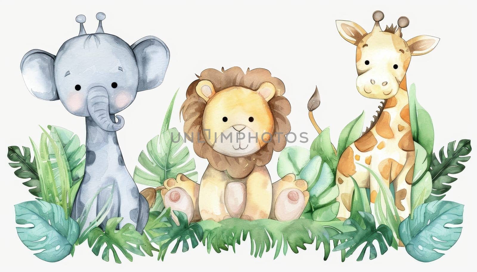 Watercolor cartoon of baby jungle animals in greenery. Concept of cute wildlife by AI generated image by wichayada