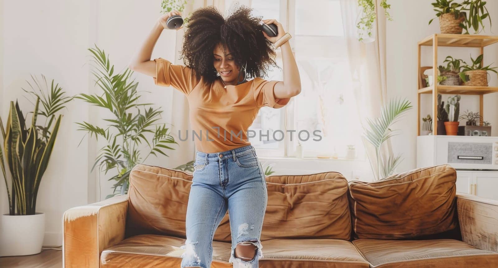 A woman in a brown shirt and blue jeans is dancing on a couch by AI generated image by wichayada