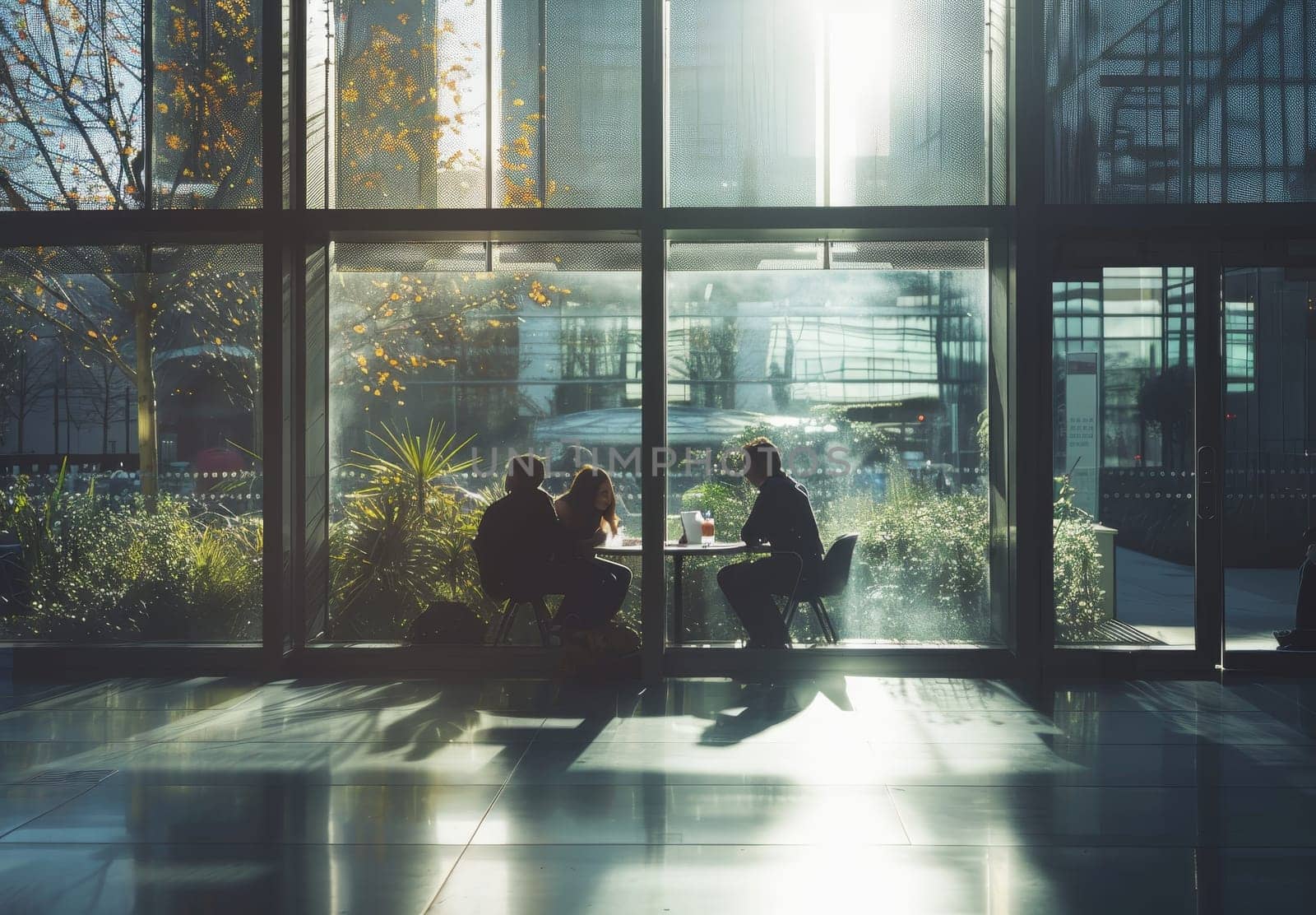 A group of people are sitting at a table in a large room with a view of the city by AI generated image.