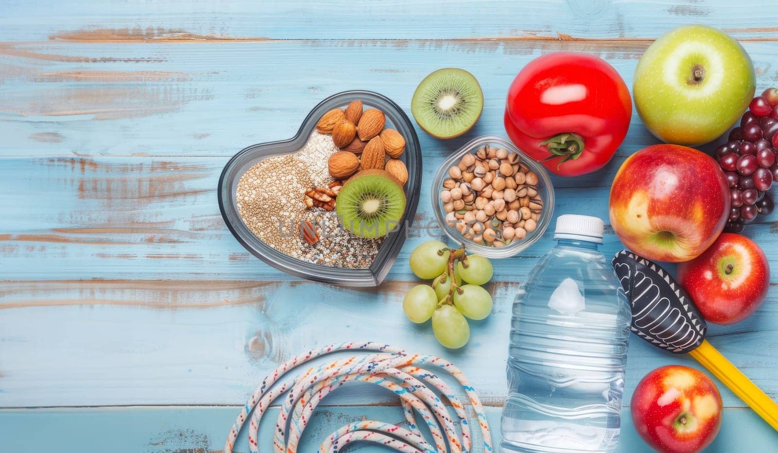 A heart shaped bowl of nuts and seeds sits on a table next to a bottle of water by AI generated image by wichayada