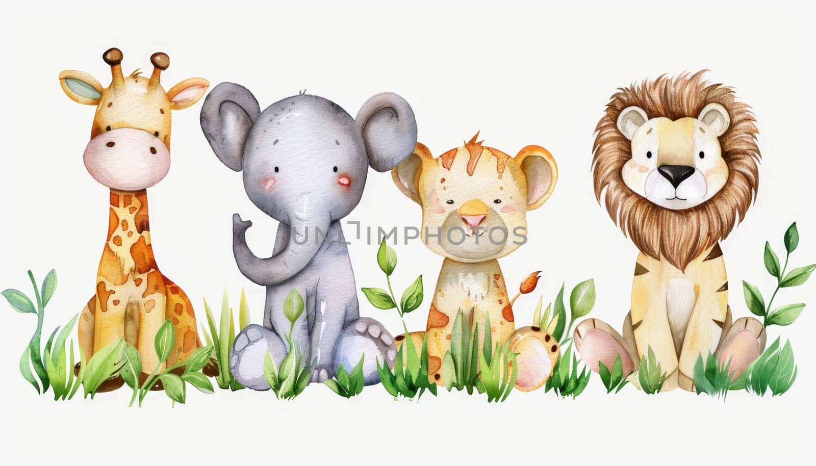 Watercolor cartoon of baby jungle animals in greenery. Concept of cute wildlife by AI generated image by wichayada