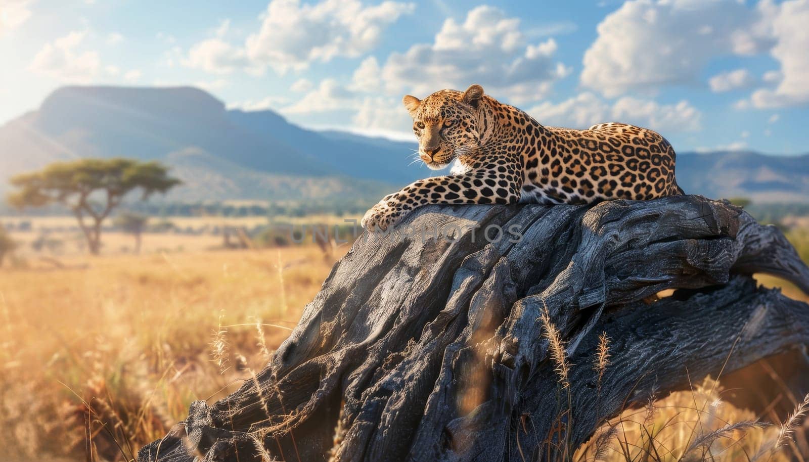 Leopard resting on an old tree trunk in the savannah. Concept of wildlife and nature by AI generated image.