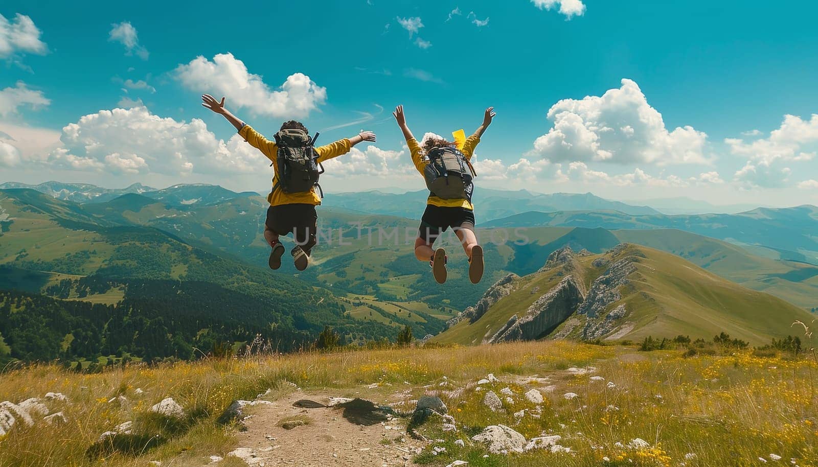 Two young people jumping for joy on top of a mountain. Concept of adventure and freedom by AI generated image.