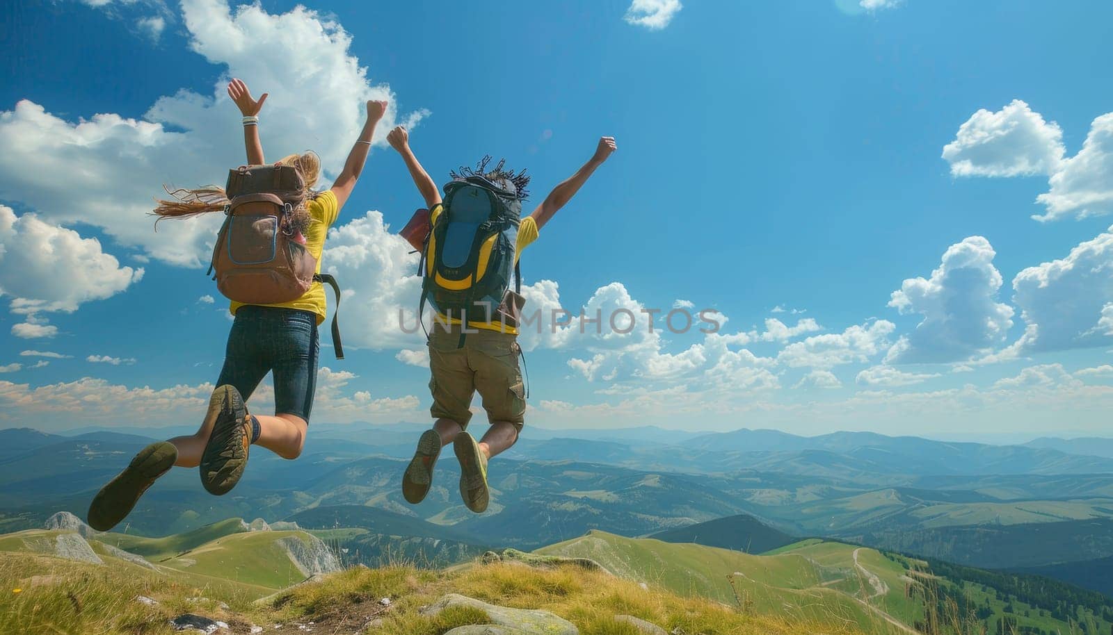 Two young people jumping for joy on top of a mountain. Concept of adventure and freedom by AI generated image by wichayada
