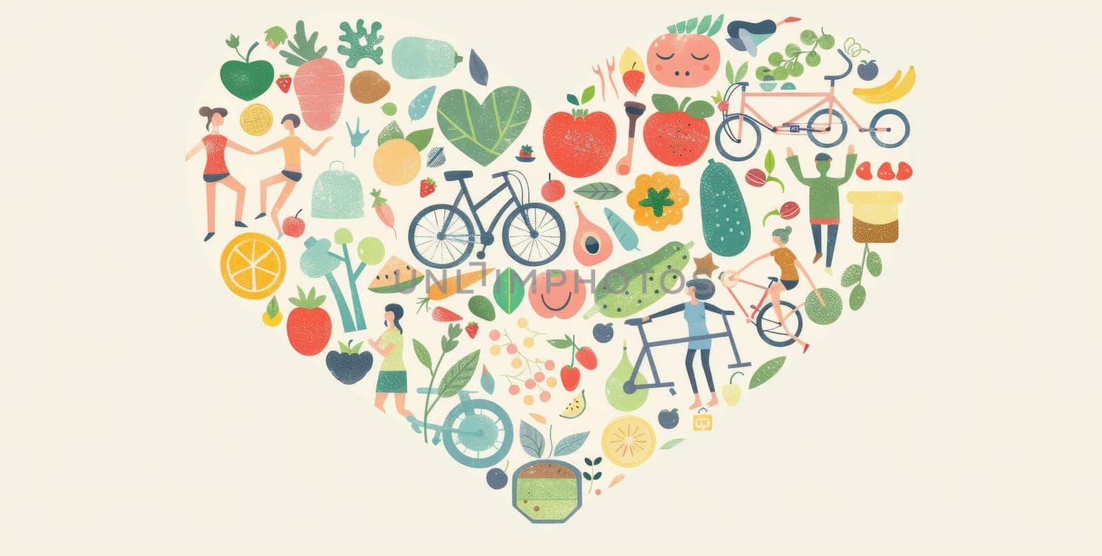 A heart made of fruits and vegetables with people riding bikes and holding hands by AI generated image by wichayada