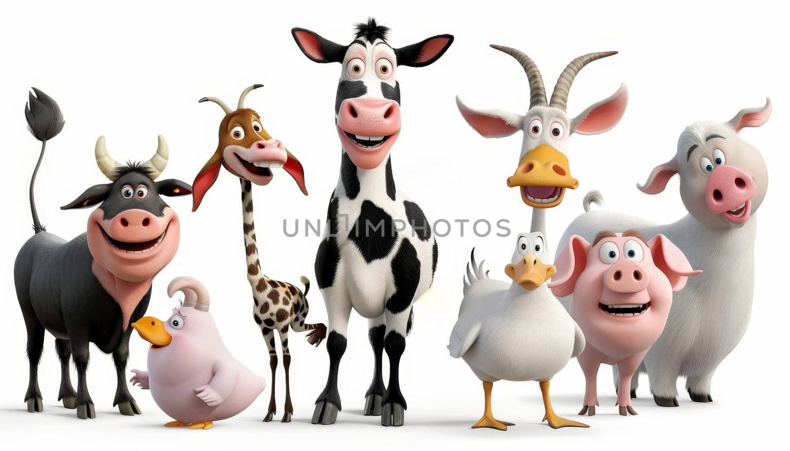 Group of cartoon farm animals including a cow, pig, and chicken. Concept of fun and farm life by AI generated image by wichayada