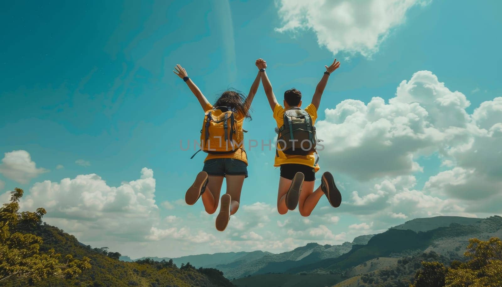 Two young people jumping for joy on top of a mountain. Concept of adventure and freedom by AI generated image by wichayada