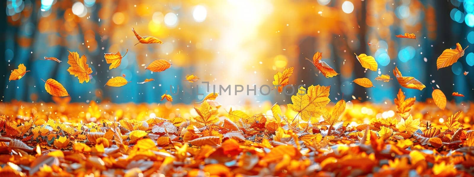 Beautiful autumn landscape with falling yellow leaves covering the ground. The blue sky and the warming sun. Natural autumnal concept. Advertising presentation with space for copy.