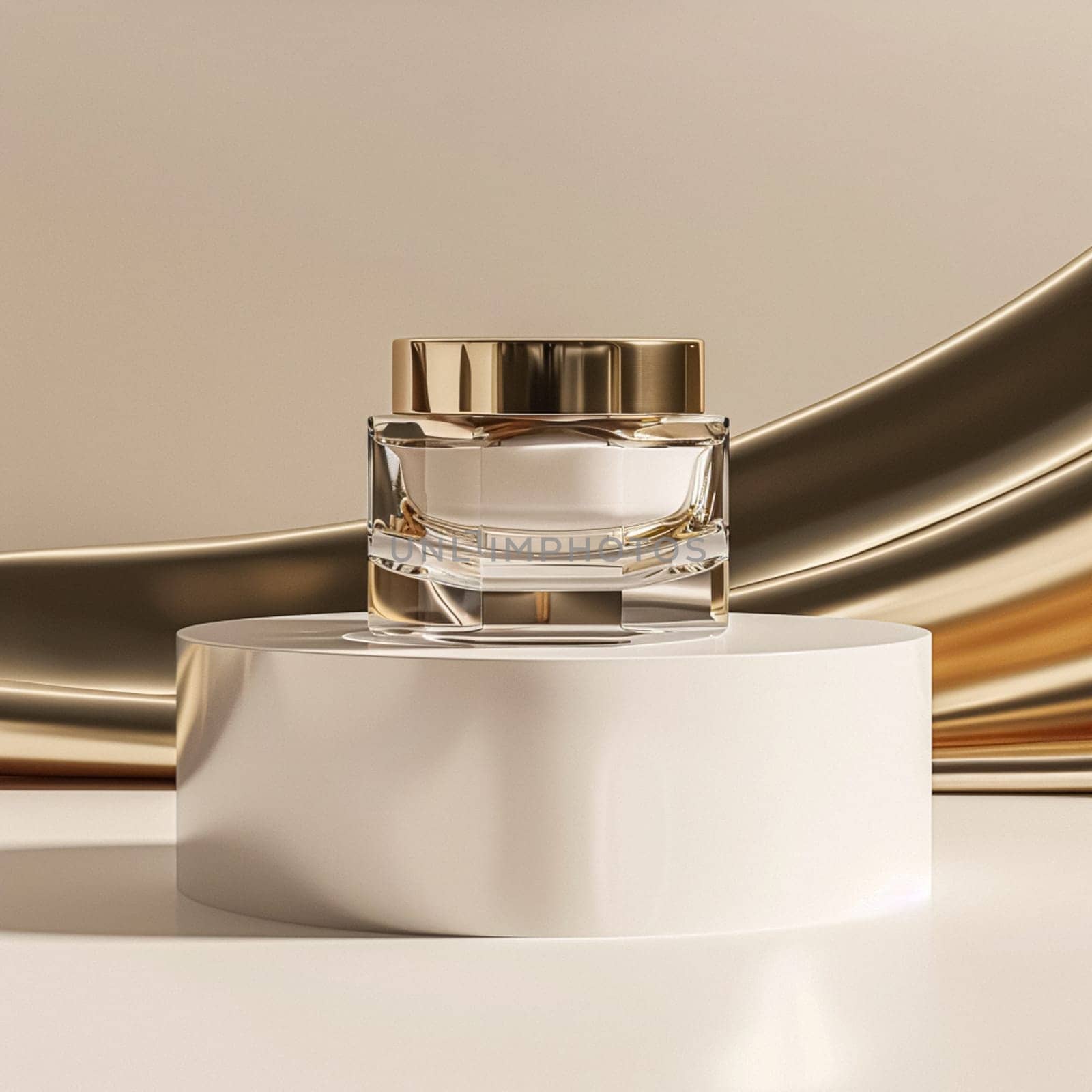 Face cream in a glass jar on a white and gold background. Skin care concept. Backdrop for beauty cosmetic products