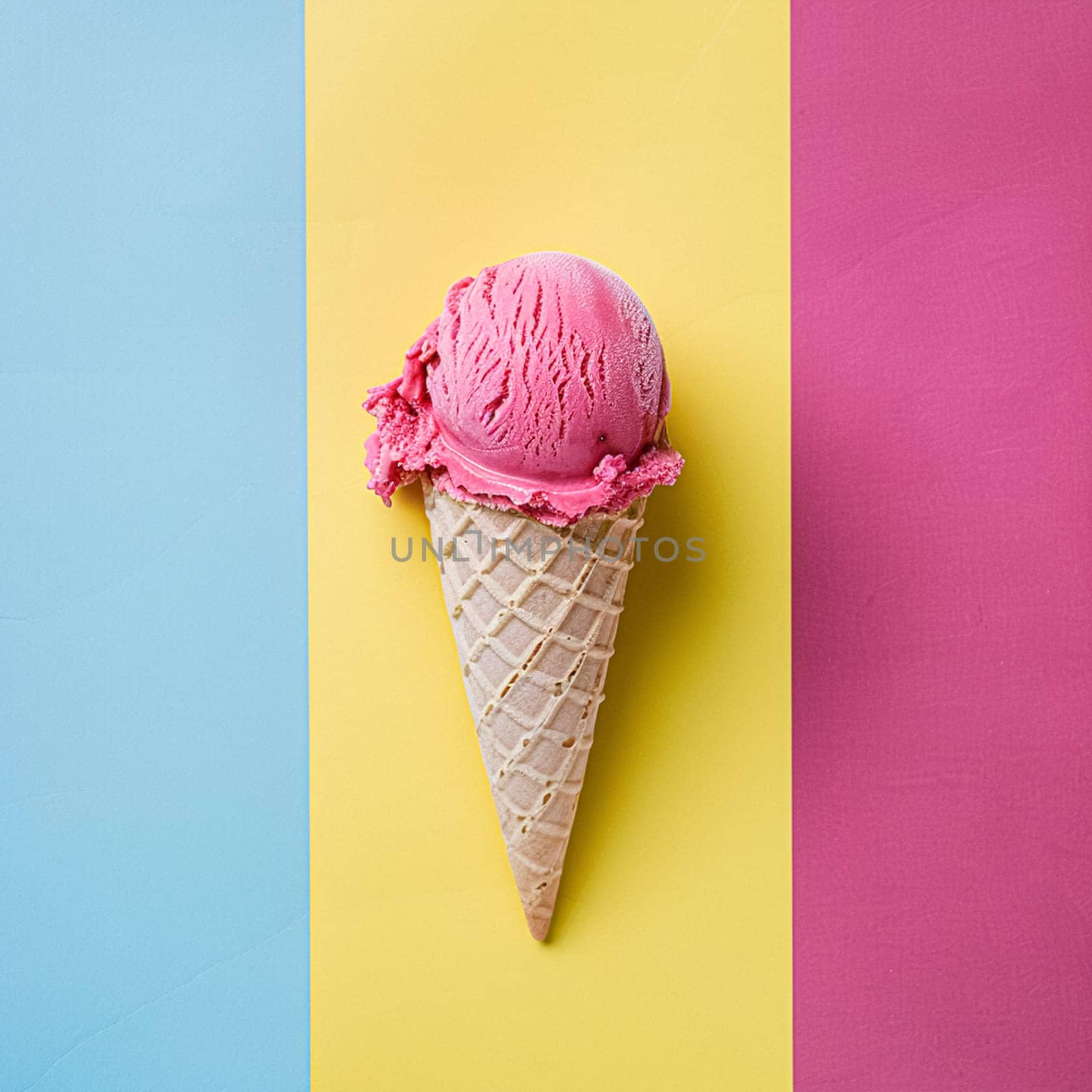 Scoops of ice cream in a waffle cone on a colorful background