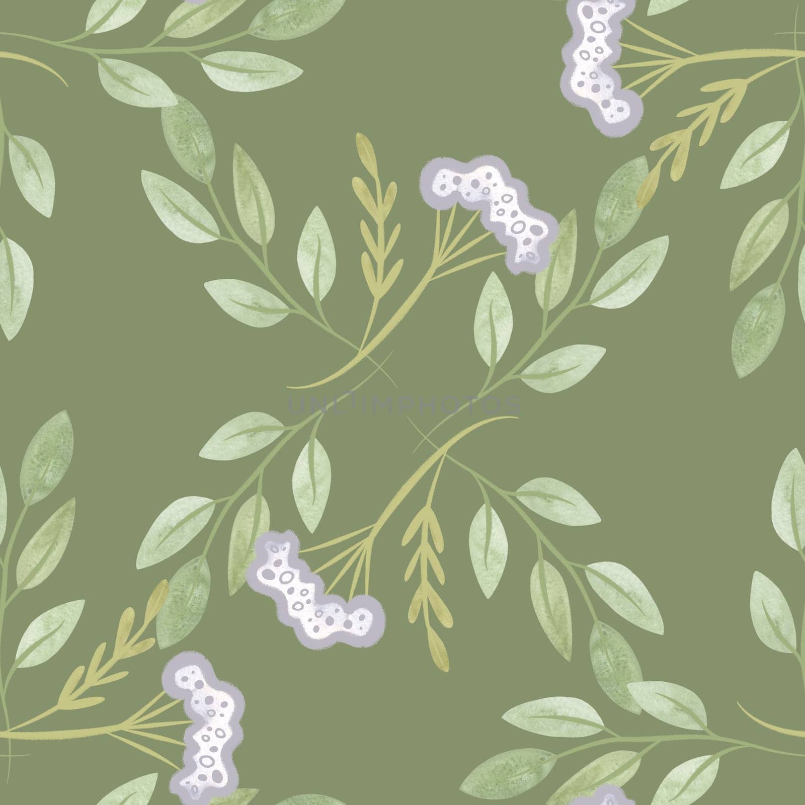 White oregano and soft green branches with leaves. Seamless watercolor pattern for fabric, wallpaper, wrapping paper, packaging cosmetics, tablecloths, curtains and home textiles. by Kudriavtseva